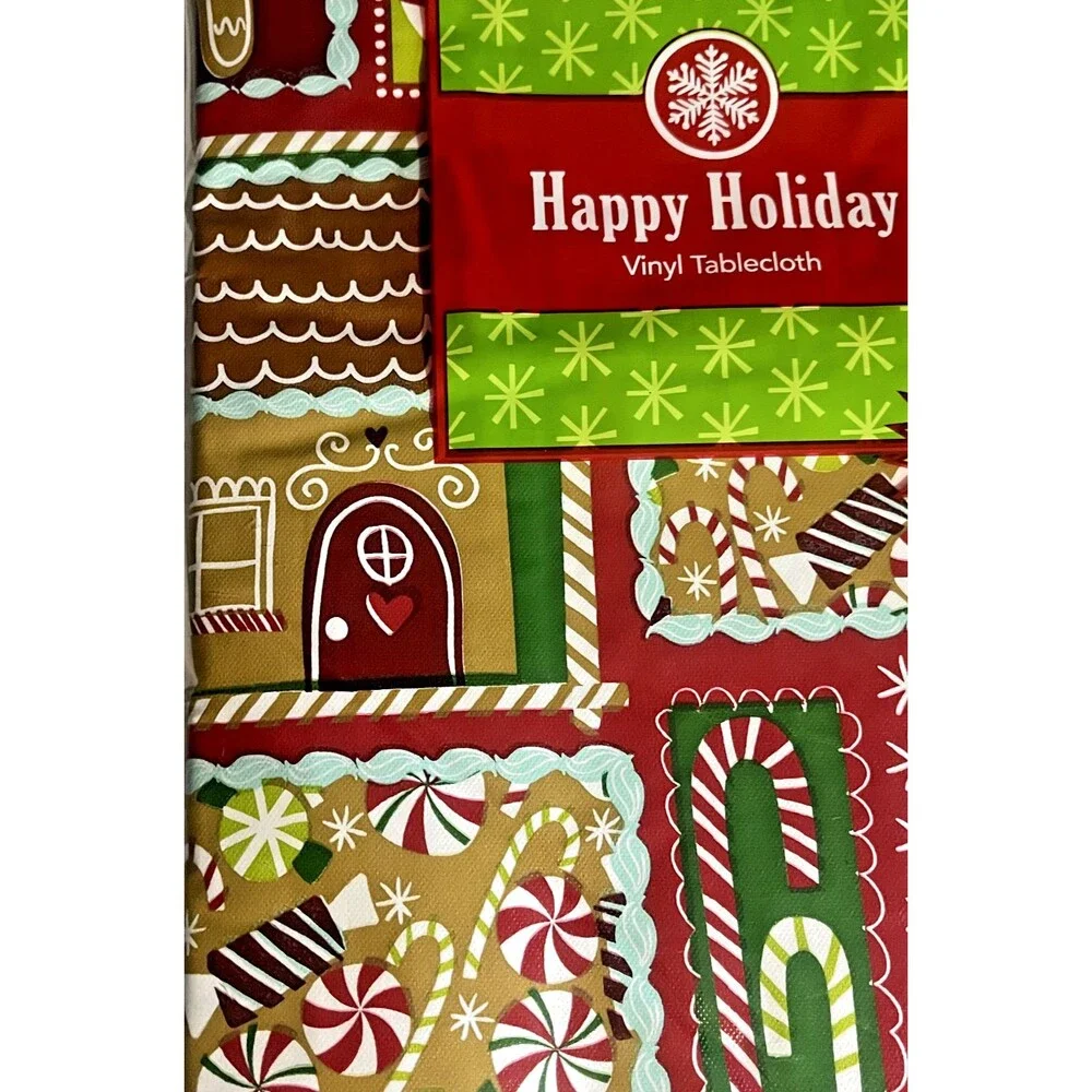 Christmas Holiday Gingerbread House Vinyl Tablecloth Flannel Backed 60